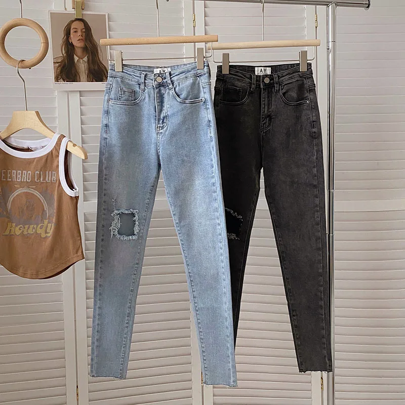 

Slim Fit High Waist Denim Pencil Pants Women's Spring Summer New Style Faded Hole Elastic Long Trousers Korean Version