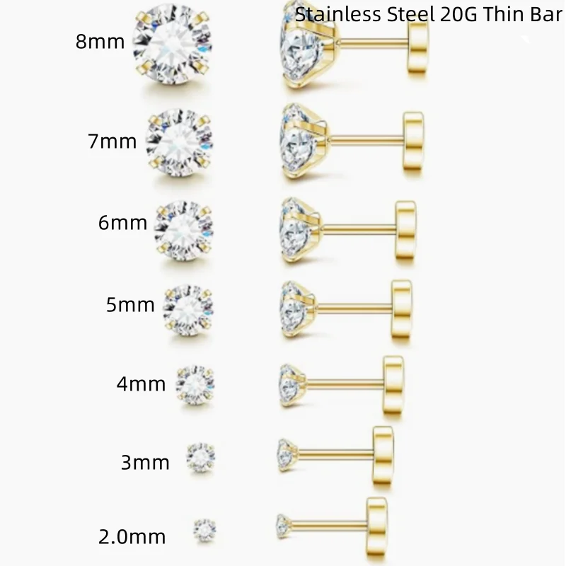 50PCS Body jewelry-Men Women Thin Bar  Stainless Steel Earring Ear Stud Tragus/Helix Bar/Stud CZ Gems Prong set  2MM Up to8MM