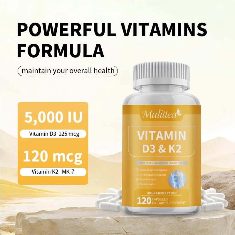 Mulittea Vitamin D3+K2 Supplement to Support Joint, Bone Teeth Heart Regulates Calcium Absorption Immune Health