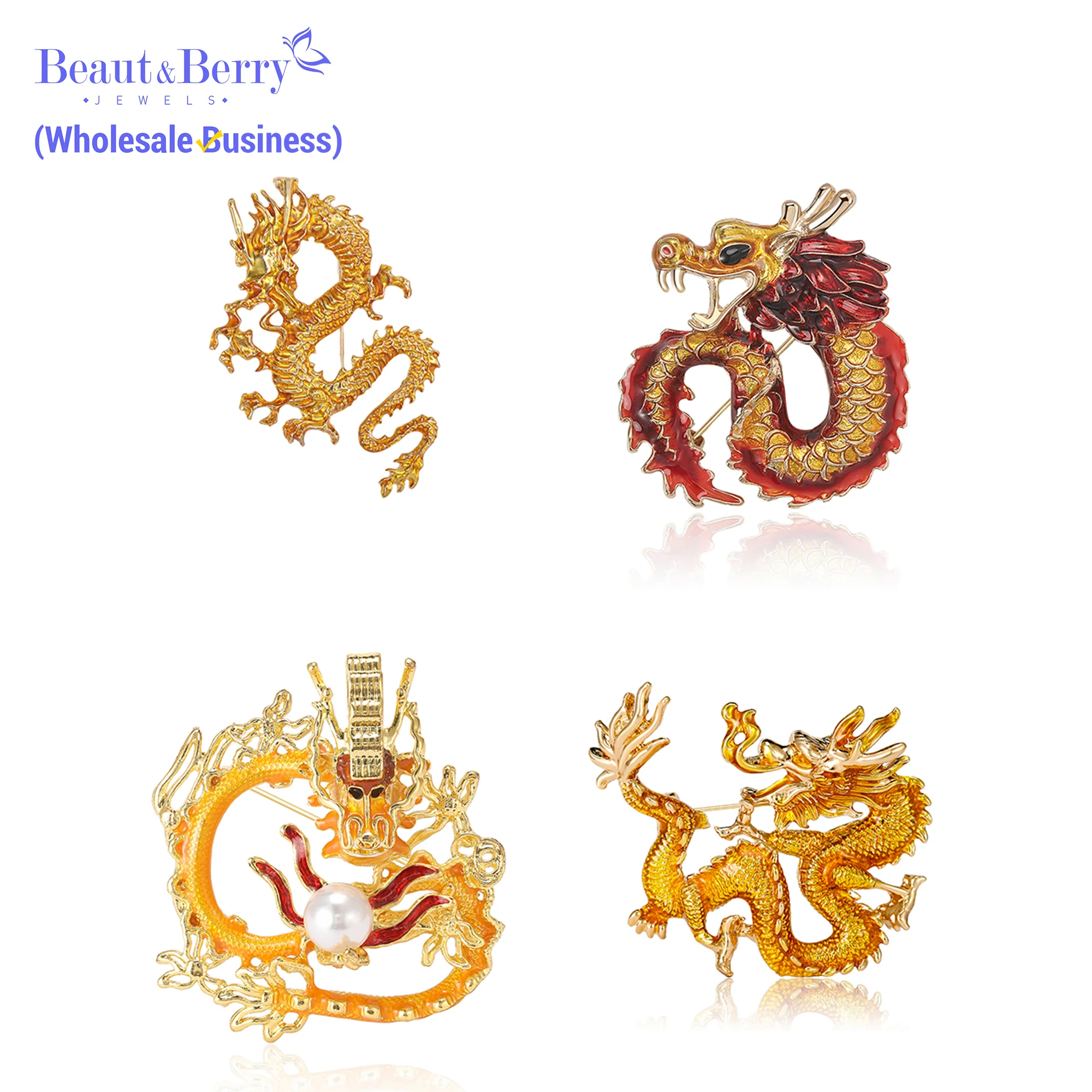 Beaut&Berry Trendy Classic Enamel Chinese Dragon Brooches for Unisex 5-color Animals Office Party Brooch Pins Gifts