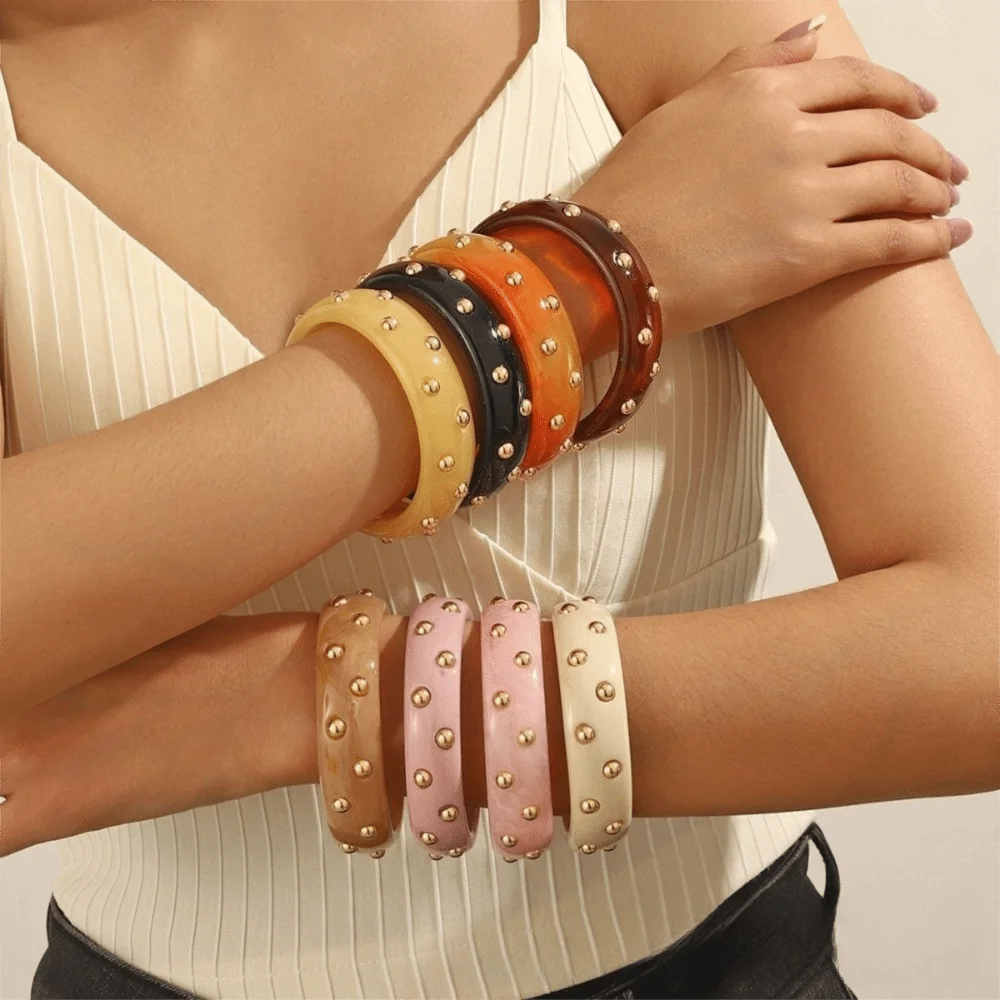Trendy Vintage Resin Bangle Punk Style Round Shape Chunky Bracelet Inlaid Beads Stackable Wide Bangle Women Accessories