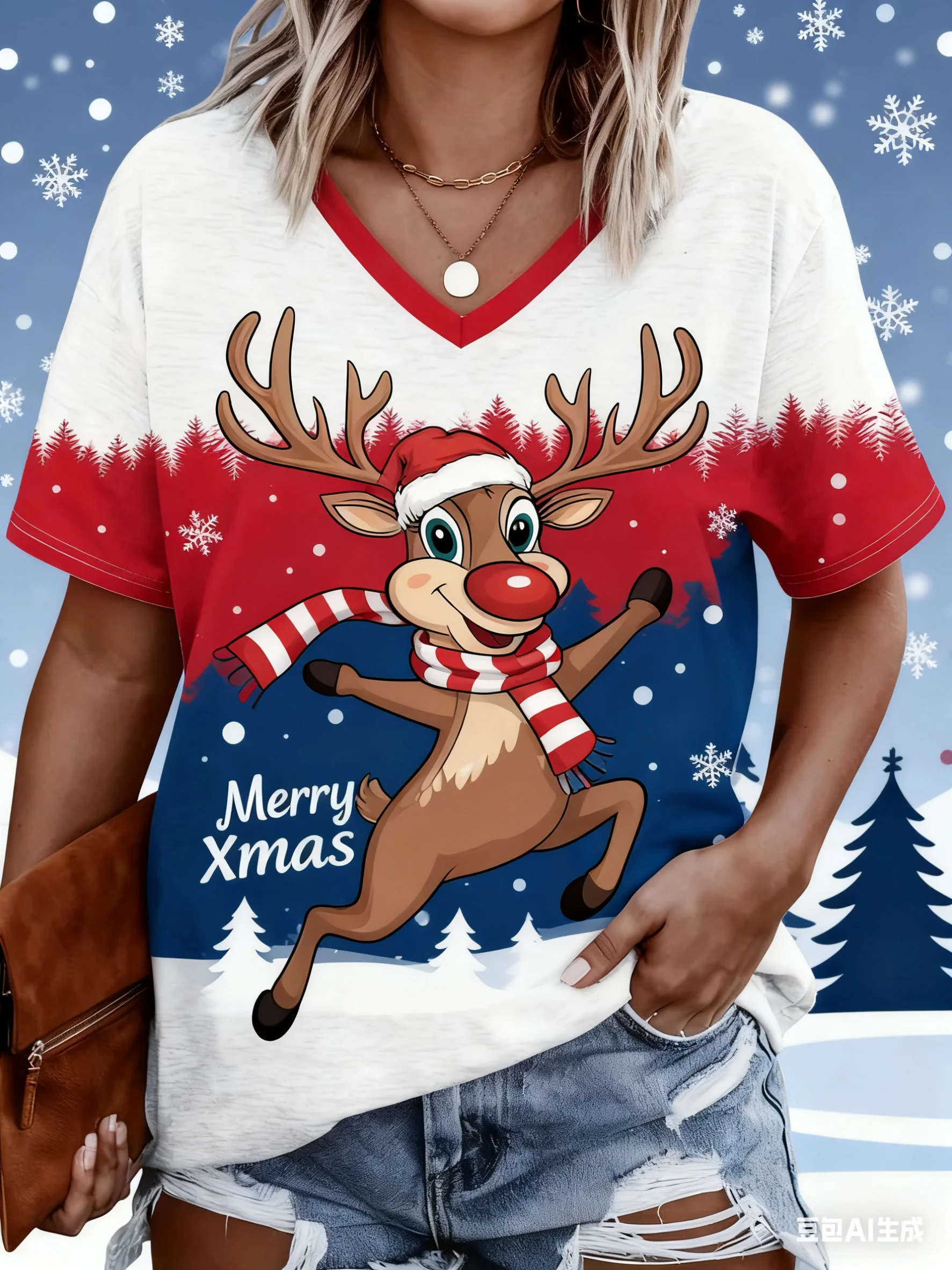 Camisetas con estampado de alces navideños de dibujos animados para mujer, camisetas informales de manga corta con cuello en V, camisetas de Navidad a la moda para mujer, camiseta holgada transpirable