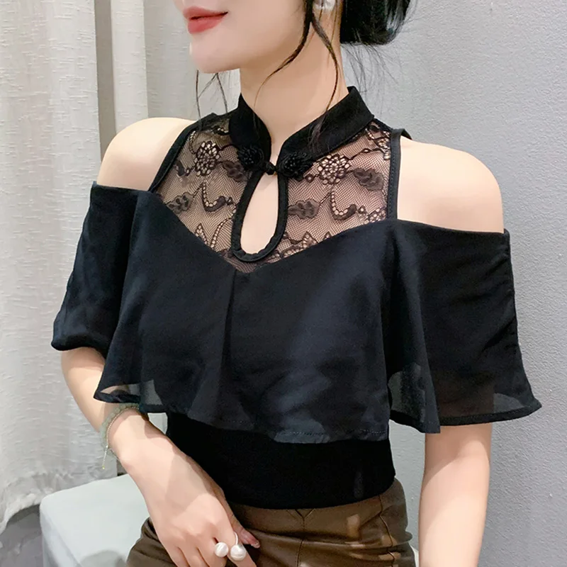 

2024 Summer New Lace Patchwork Chiffon Off Shoulder Women's T-Shirt Fashion Sexy Ruffles Black Tops