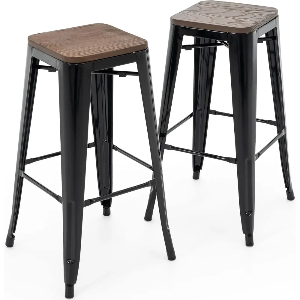 

Living 30 Inch Metal Bar Stools with Square Solid Elm Wood Seat Top, Backless Stackable Industrial Barstools Set of 2 (Black)