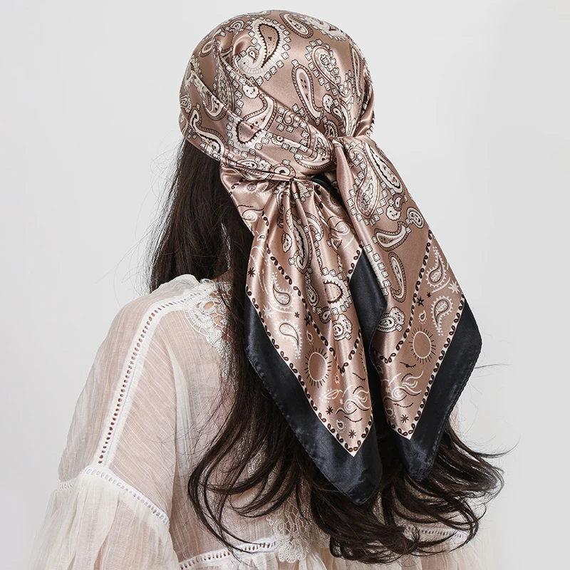 90 cm Platz Silk Schals Frauen Hijab Schals Paisley Cashew Blume Drucken Kopftuch Femme Kopf Schal Foulard Bandana Strand Pareo – Detail 14