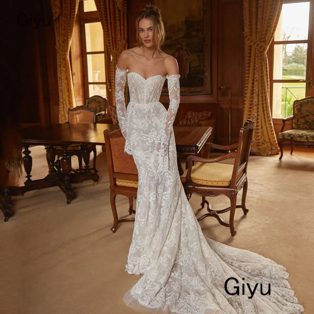 Giyu Elegant Full Lace Followers Wedding Dress For Woman Sweetheart Collar Mermaid Trumpet Vestidos Novias Boda Bridal Gown