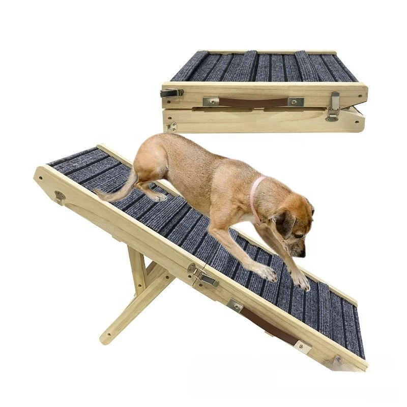Adjustable Wooden Pet Climbing Ladder Folding Dog Ramp with Cushion Steps for Pet Owners