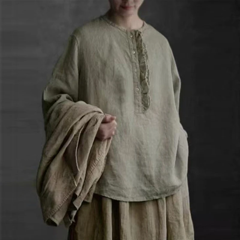 

Johnature льняная французская винтажная лоскутная рубашка с рюшами и круглым вырезом для женщин, повседневные и универсальные свободные блузки для отпуска