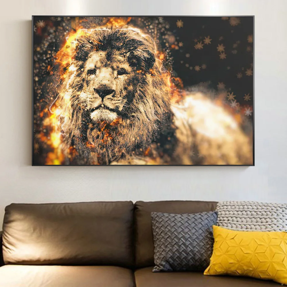 Burning Fire Lion Canvas Art Animal King Nordic Wall Poster And Prints Home Decor Fabric Painting For Living Room Mural Cuadros