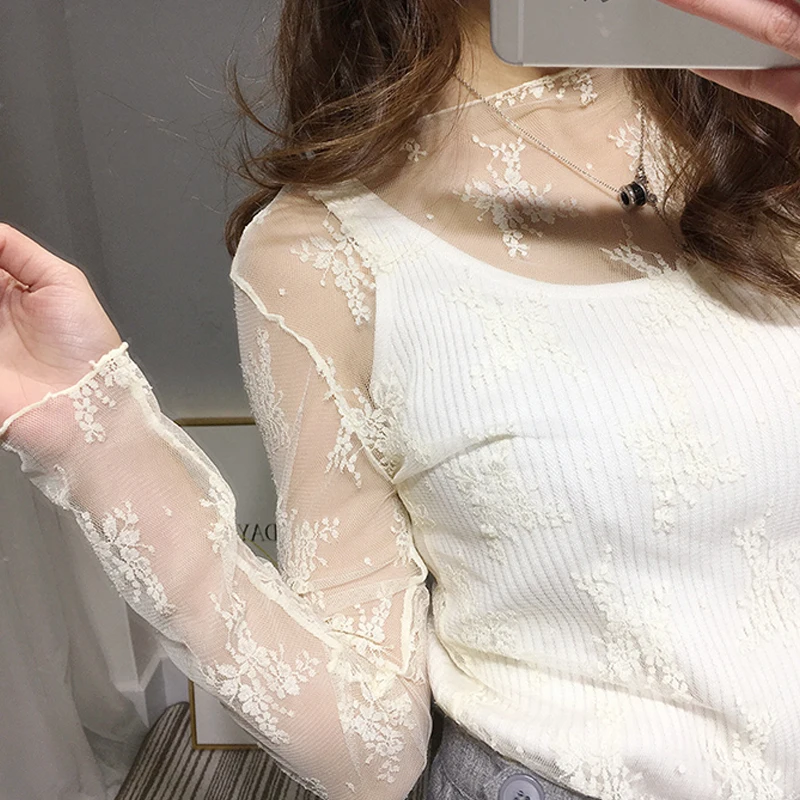 

Women Lace Floral Blouses Summer Shirt Ladies Tops Sexy Mesh Blouses Elegant See-through Shirt Transparent Sexy Lace Undershirt