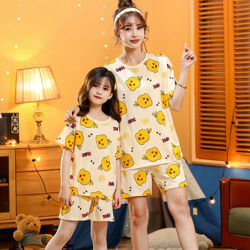 Kids Girls Clothes 2022 New Summer Pajamas Sets Woman Mother Daughter Girl Cotton Clothing Set Short-sleeve Tee Shorts 2pcs Suit