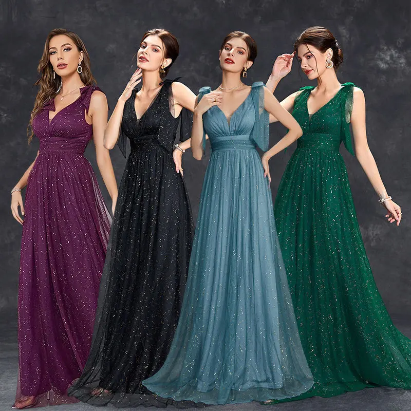

Guangzhou Jiayi Clothing Evening Gold Spray Sequin New Style Women's Bow Elegant V-Neck Bridesmaid Dress