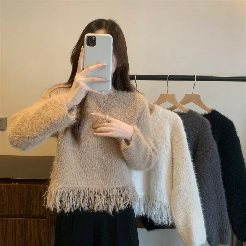 

Soft Gentle White Mink Fur Tassel Sweater Women With A Niche Design, Suitable For Autumn And Winter Short Knitwear