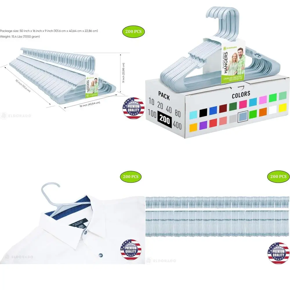 

200 штук пластиковых вешалок небесно-серого цвета для одежды взрослых — идеально подходят для рубашек, блузок, футболок, платьев и костюмов