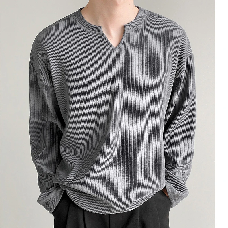 Ribbed Drape V Neck All-match Solid Fall Spring Casual  Long Sleeve Men Clothes Loose New Trendy Fashion Oversized Top Euro Size