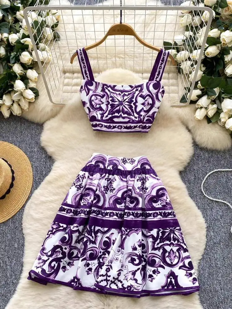 

Women Vintage Purple Two Piece Sets Summer Sleeveless Printed Tank Top Vest and High Waisted A-line Long Skirt Elegant Suits