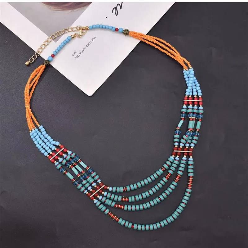Fashion Boehmia Ethnic Multilayer Beads Chains Necklaces Green Color Vintage Handmade Beads Choker Collar Necklaces