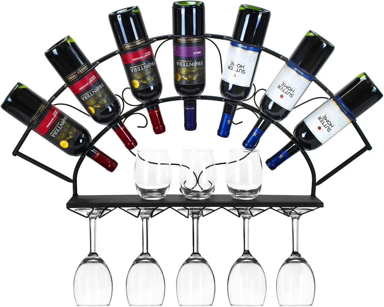 

Wall-Mounted Wine Rack Holds 7 Bottles and 5 Glasses - Elegant Black Storage for Kitchen or Bar
