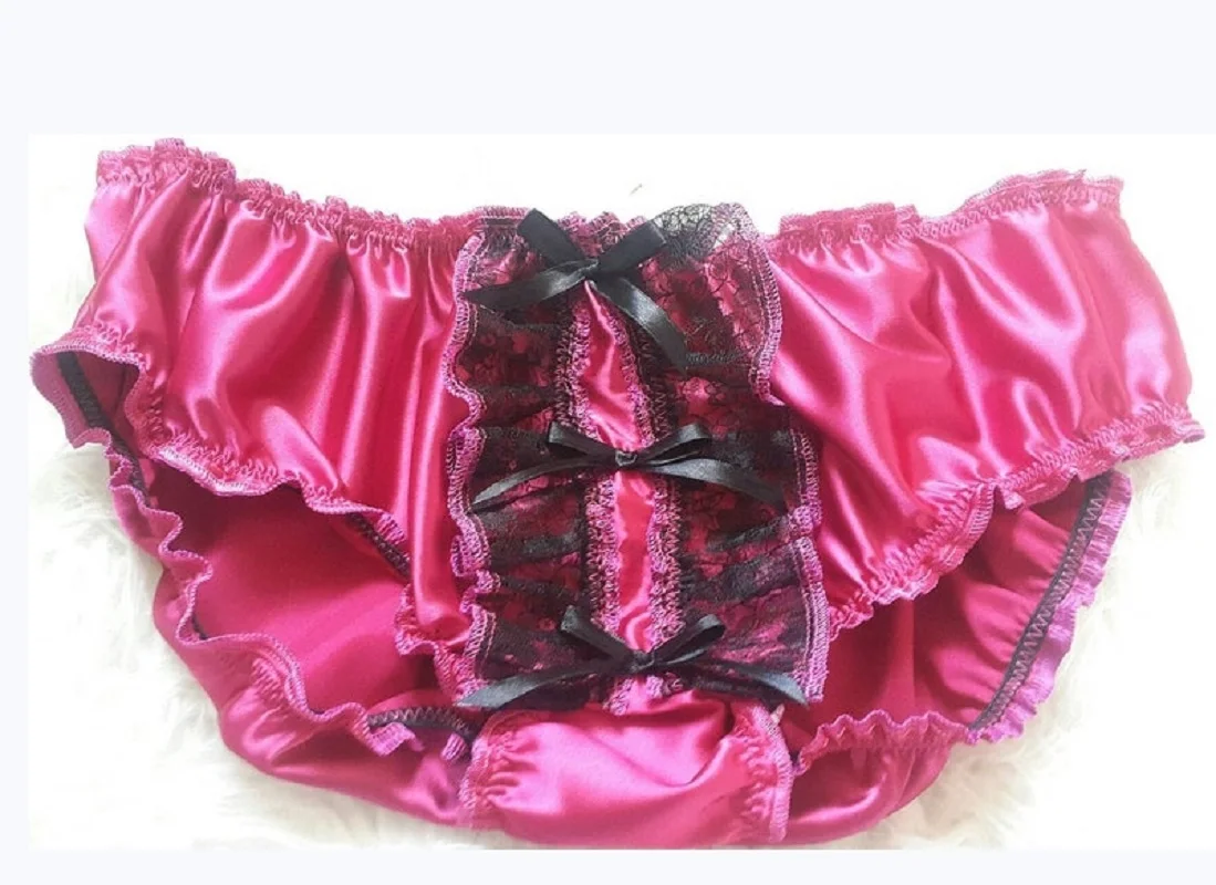 

Rose Red Satin Patchwork Black Lace Inlaid with Bow Embellishment, Elastic Pleats Waist, Sexy Triangle Shorts