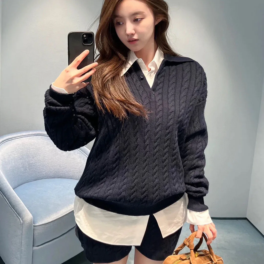 New Autumn Fashion 100% Cashmere Knitted Pullover Women Twist Crochet Lapel Buttons Long Sleeve Casual Loose Sweet Sweater