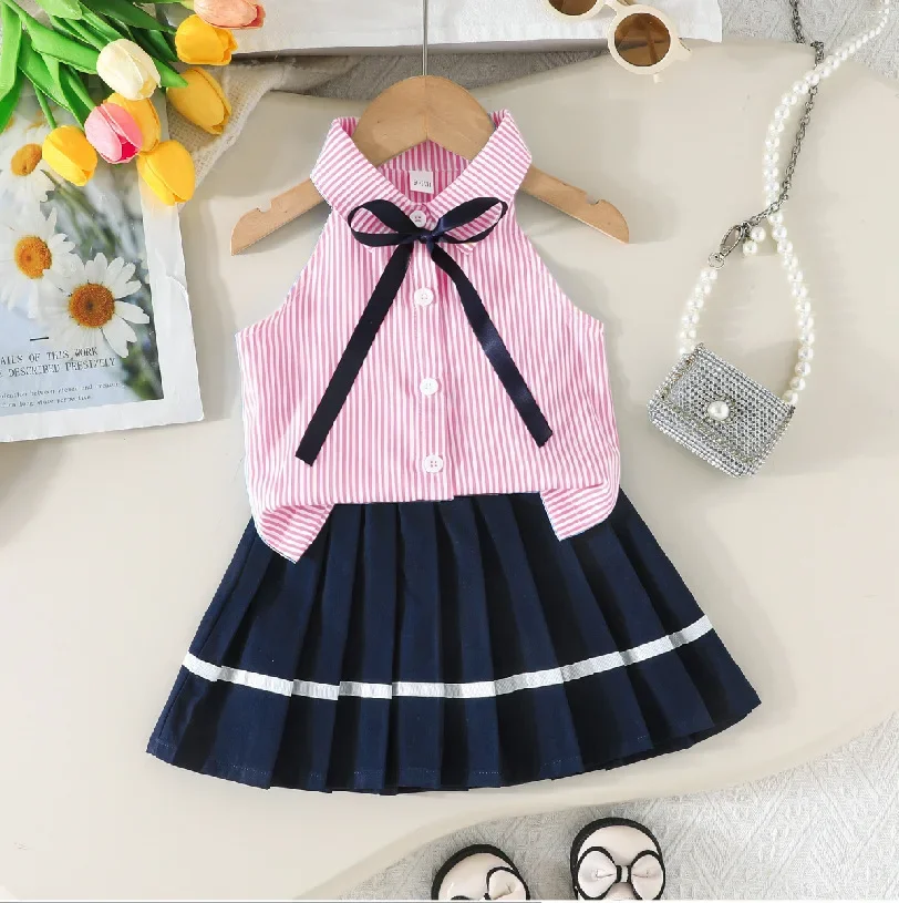 Girls Halter Striped Shirt Pleated Skirt Set Bow Decor School Uniform Outfit Back to School Sundress Photo Prop Kids Daily ZYD47