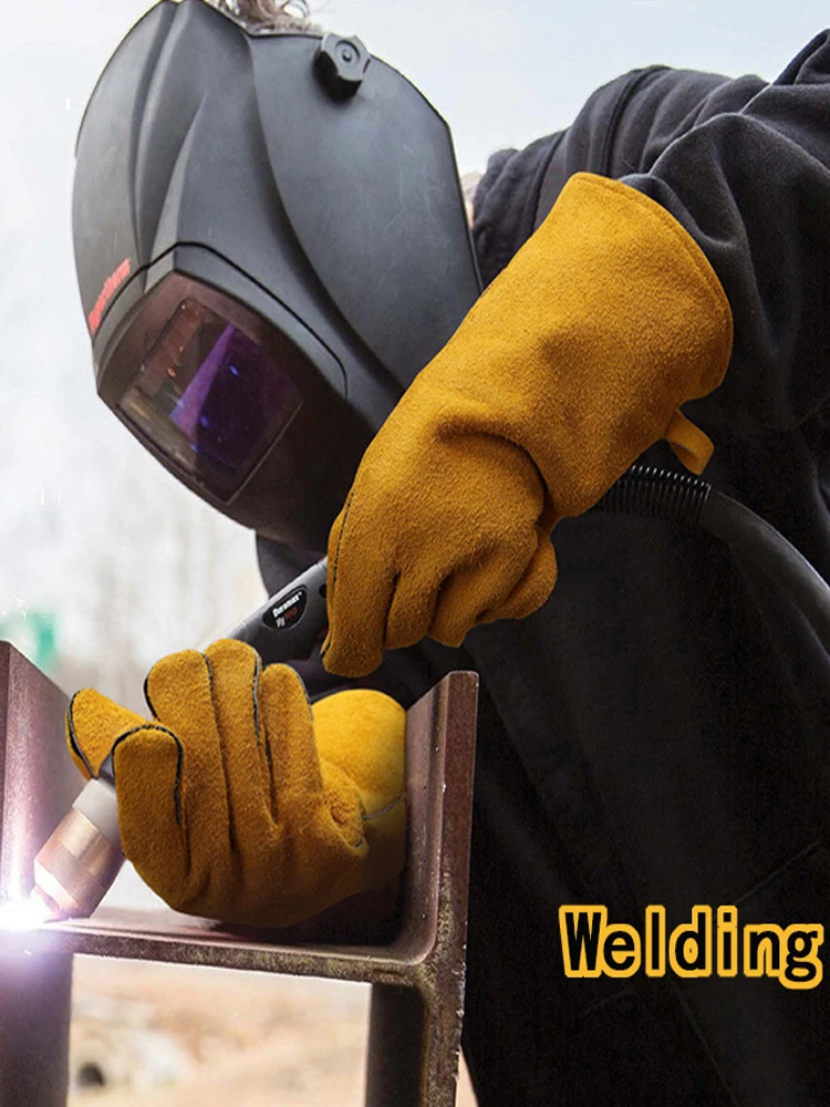 Gants en cuir ignifuges, gants de soudage, isolation thermique, anti-coupure, pour poêle à bois, cheminée, barbecue, cuisson, camping