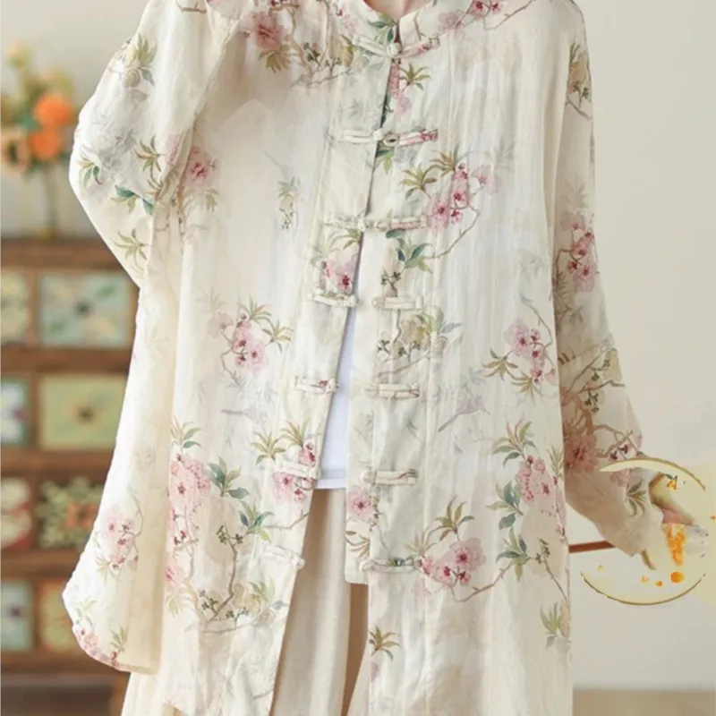 New Chinese Style Floral Print Button Shirt Women's Mid-Length Retro Stand Collar Cardigan Top