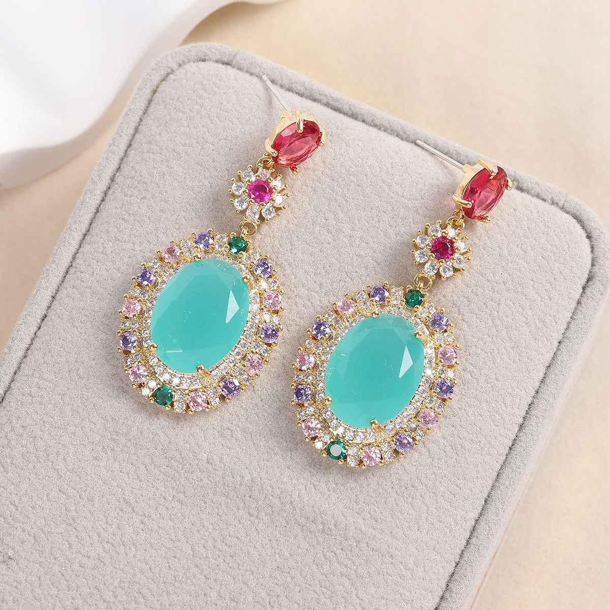 

925 Silver Needle Gold Plated Turquoise CZ Multicolor Gemstone Drop Earrings, Sparkling Luxury Statement Jewelry for Women