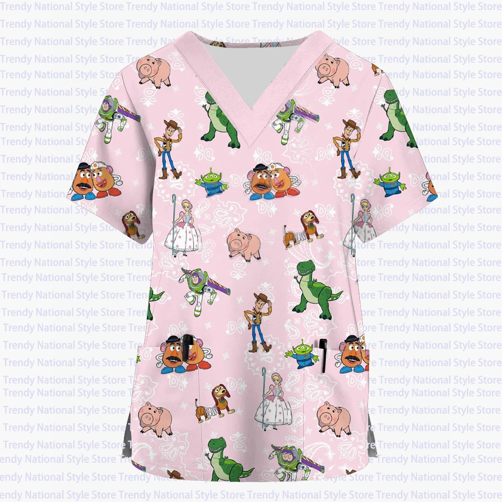 Women's Uniform Animal Print Cartoon Disney Buzz Lightyear V-neck Top Women's Nurse Work Clothes Medical Surgery Uniform