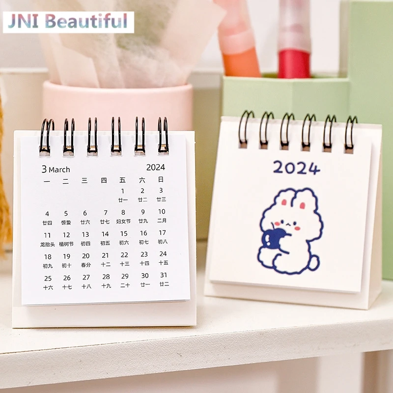 2024 Year Simple Ins Small Desk Calendar Student Desktop Cute Cartoon Dog Rabbit Mini Note Memo Calendar Study Office Calendar