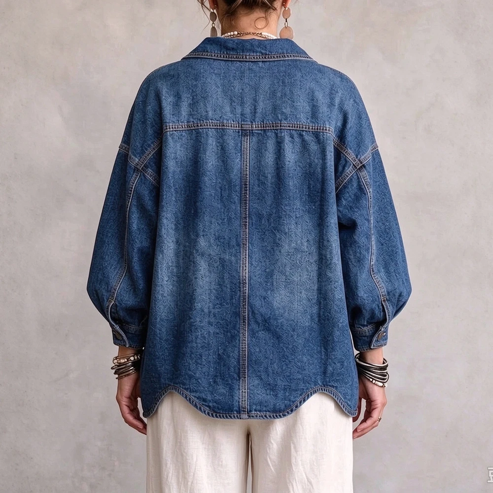 Women Vintage Oversized Denim Shirt Jacket Big Buttons Lapel Puff Sleeve Washed Jean Coat Irregular Hem Casual Loose Outerwear