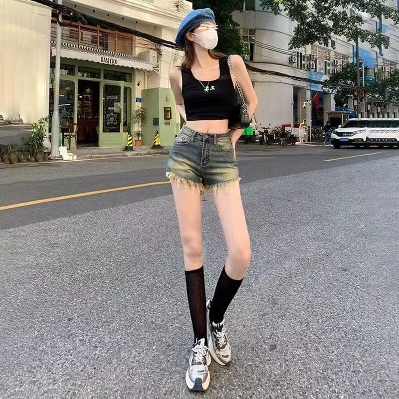 Summer Denim Shorts Women's Summer Retro Old Hip High Waist Tight Hot Pants Women's Fashion Shorts Raw Edge