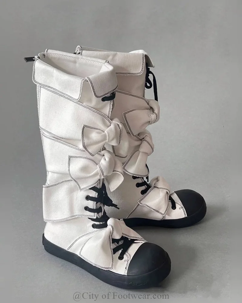 

Y2k Black and White Bowknot Knee High Boots Women's Canvas Punk Flats Lace up Long Boot Big Size Girls Party Lolita Shoes