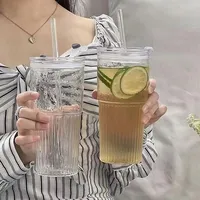 20 oz Glass Cups with Lid and Straw 2 Set, Glass Tumbler with Straw and Lid, Vintage Glassware for Whiskey Cocktail Beer, Iced C