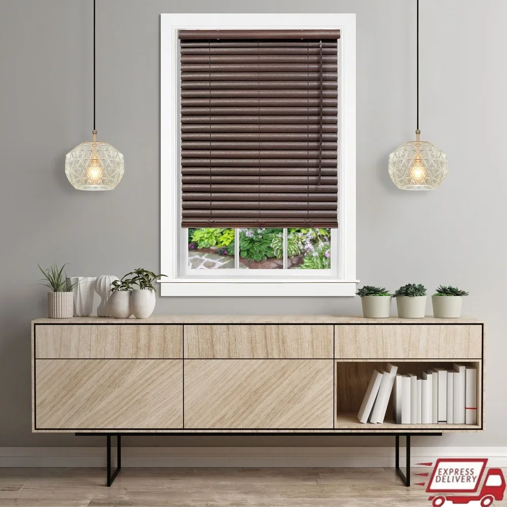 

Cordless Indoor Vinyl Venetian Blind Light Filtering Mahogany 2 Inch Slats Easy Install Child Safe with Wand Control