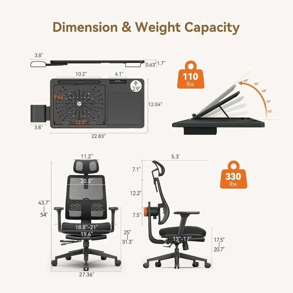 Ergonomic Office Chair with Footrest, Auto-Adjusting Lumbar Support, High-Back Desk Chair, 4D Armrests, 136° Recline, Adjustable