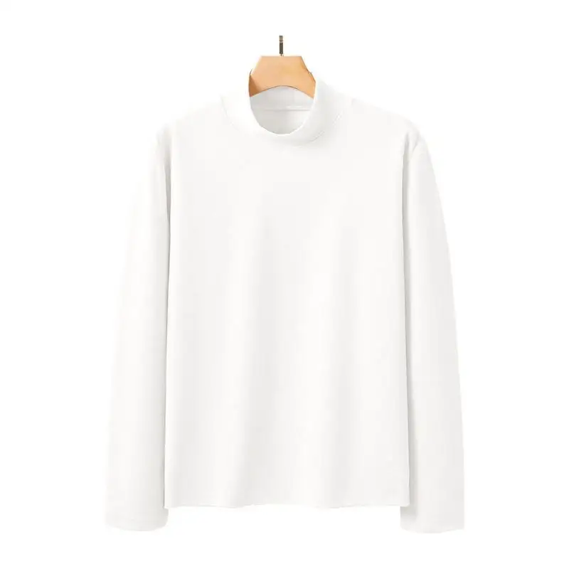 Warm Fluffy Mock Neck T‑shirt Fresh Release Relaxed Plain Undershirt Long Sleeve Business Commute Unisex Apparel For Daily