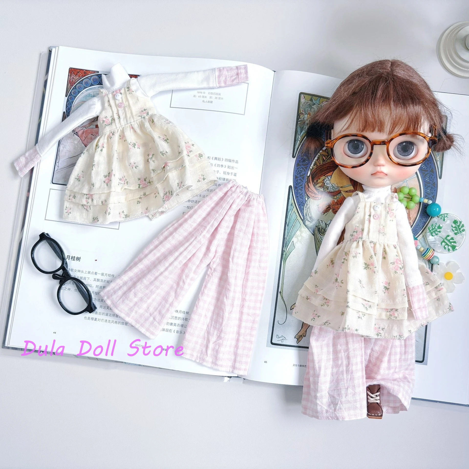 

Dula Doll Clothes Pink floral slip dress plaid pants set Blythe ob24 ob22 ICY JerryB 1/6 Doll Accessories