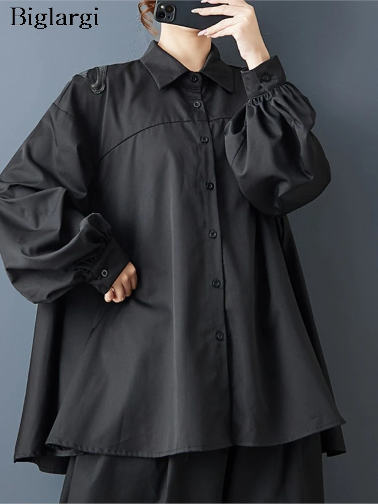 

Женская свободная блузка оверсайз с длинными рукавами-фонариками, прозрачными вставками и нашивками-бабочками, повседневная, модная