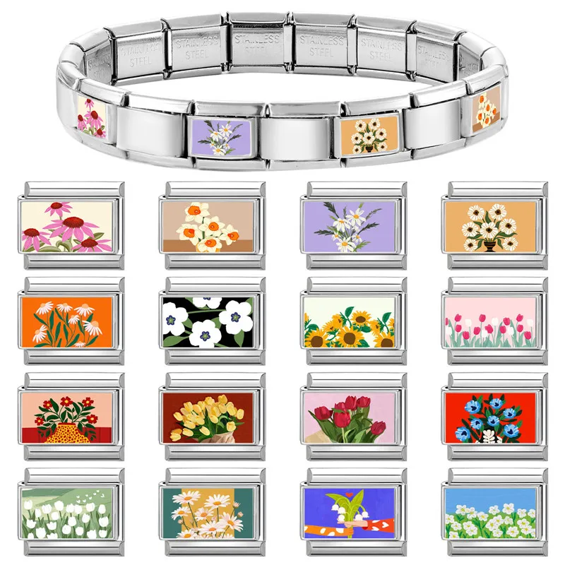 New Rose Tulip Sunflower Flower Italian Charm Link Fit 9mm Bracelet Stainless Steel Women Men DIY Making Gift