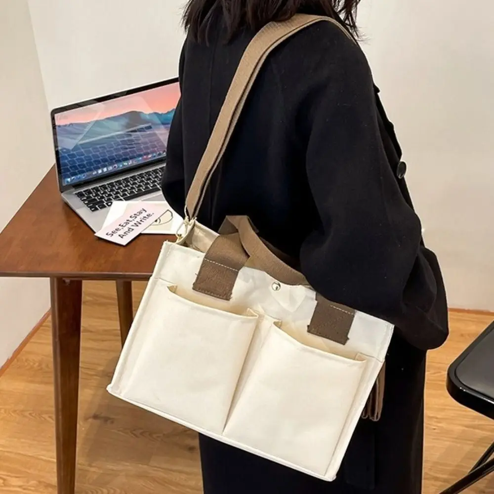حقيبة كتف متينة ذات سعة كبيرة من القماش باللون الأبيض بجيوب متعددة وحقيبة كتف بسحاب للإغلاق للنساء والفتيات #5