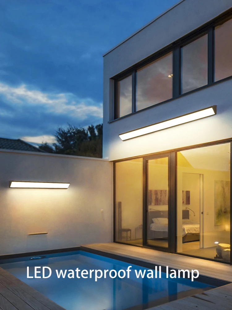 Lámpara de pared Led impermeable IP65, tira larga para exteriores, línea de luz exterior, decoración de jardín, lámparas de pared exteriores, blanco y negro