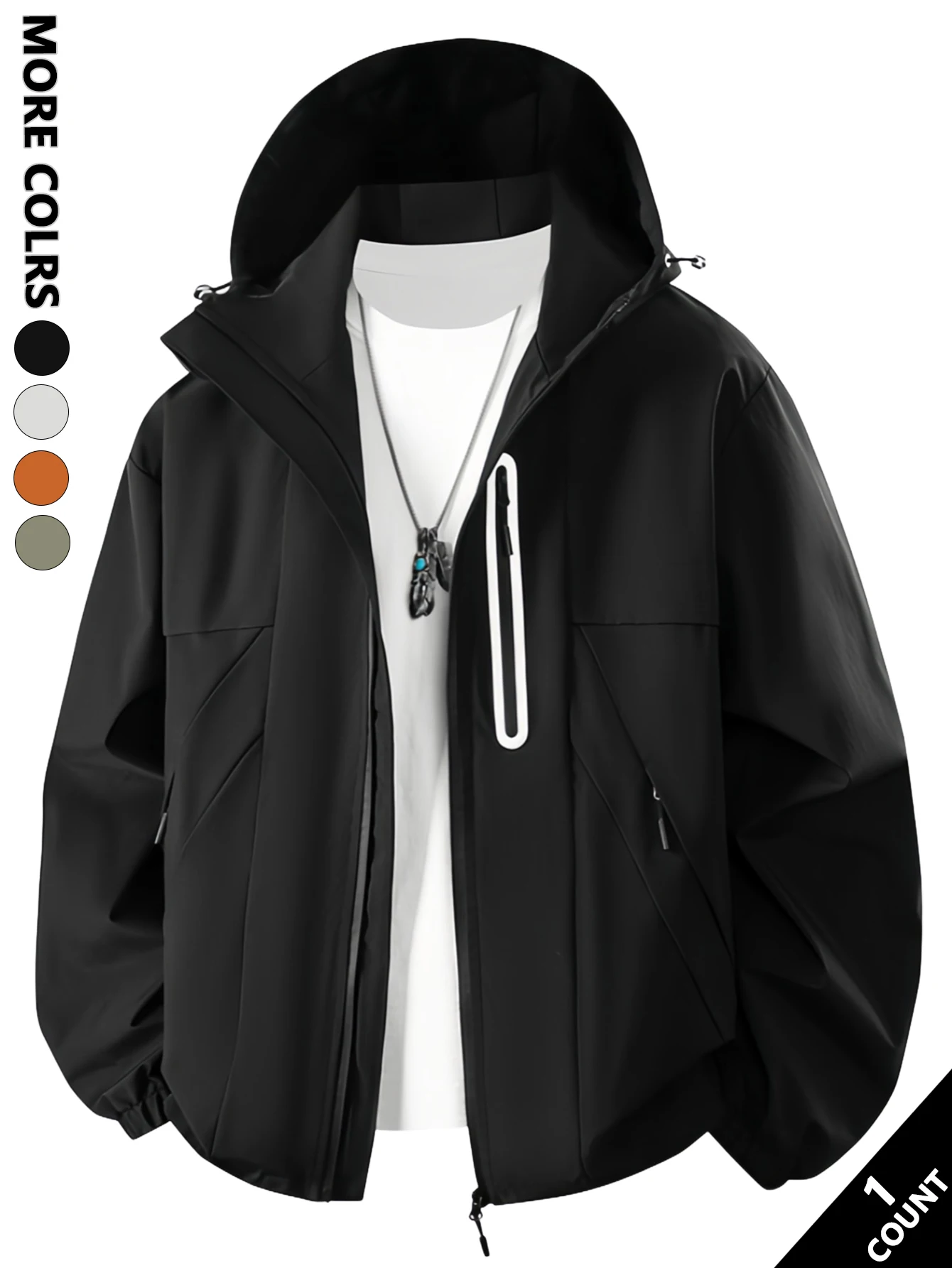 Men's Simple Hooded Jacket, Solid Color Basic Style, Easy to Wrinkle and Easy to Care For, Can Be Worn with Sweatshirts/Shirts, Versatile for Spring & Fall