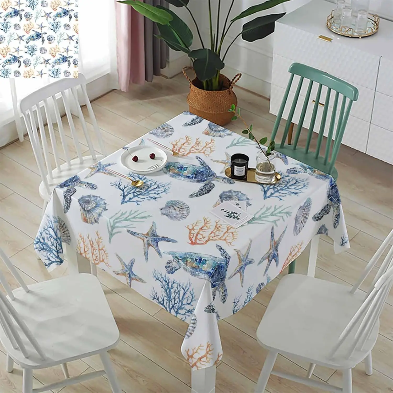 Beach Sea Turtle Coral Shell Starfish Rectangle Tablecloth Table Decor Reusable Kitchen Dining Tablecloth Holiday Party Decor