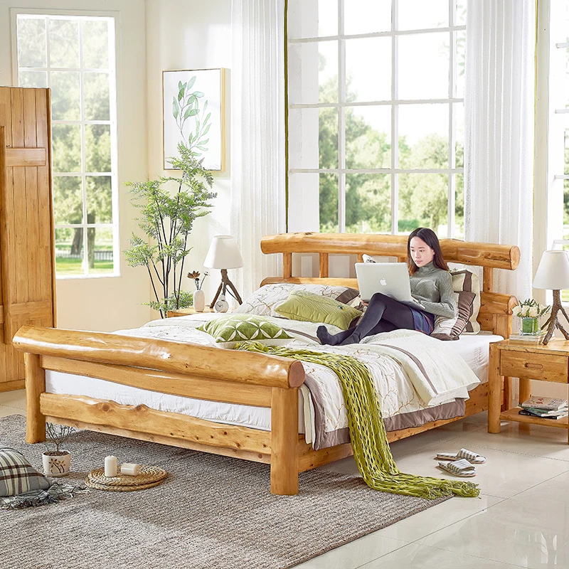 Solid Wood Double Bed Log Style Wooden Bed Environmental Protection Bedroom Furniture Bed 1.8 M Modern Minimalist