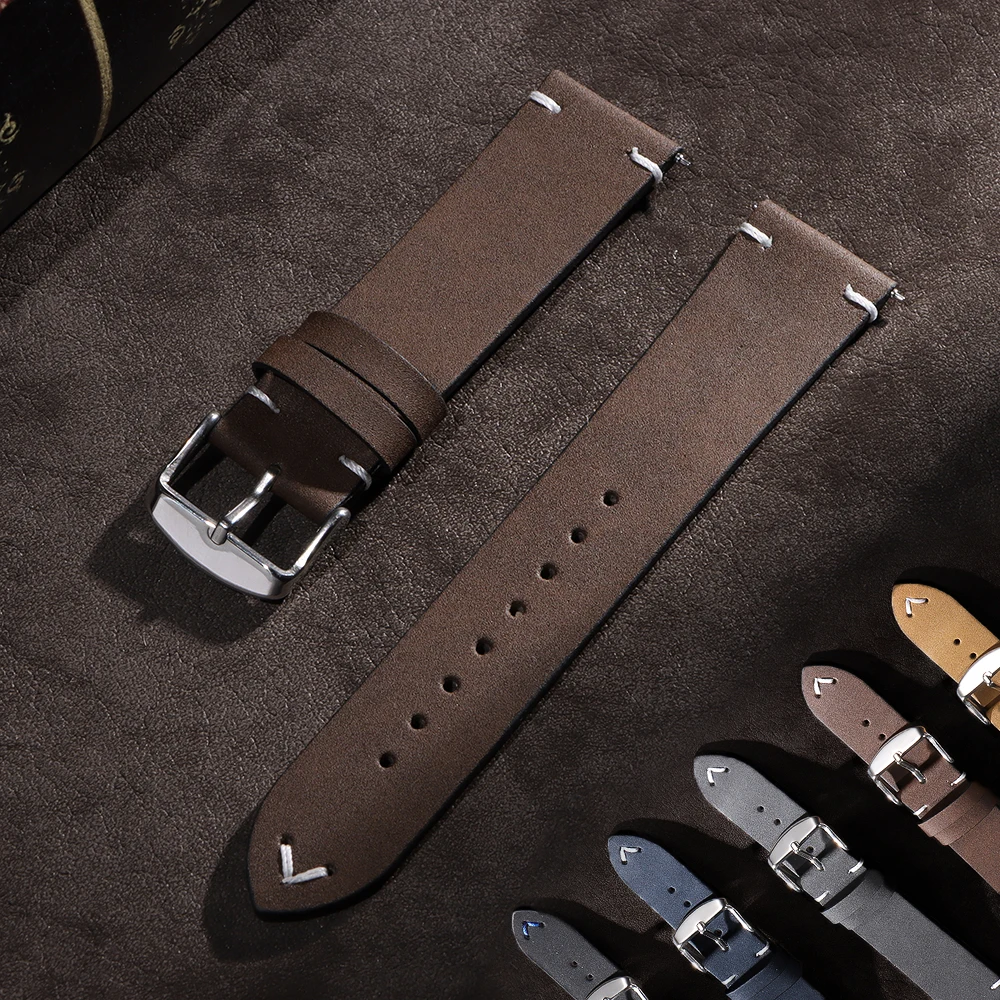 Vintage Leather Watch Band 18mm 20mm 22mm Stitching Cowhide Strap for Seiko Smartwatch Wristband Handmade Quick Release Bracelet