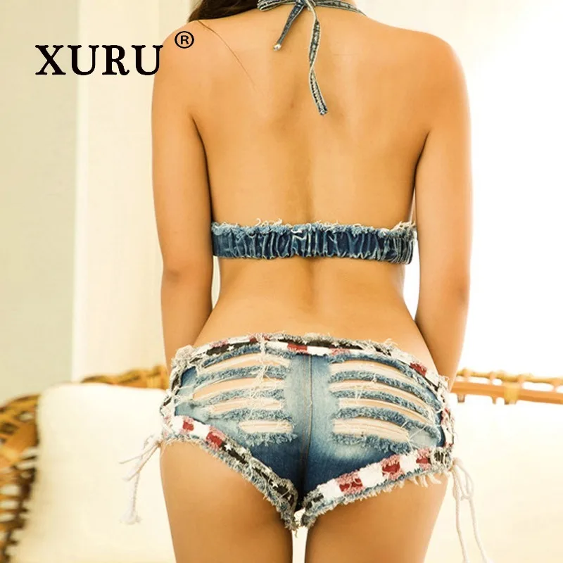 XURU - Novos jeans femininos sexy piercing, cintura baixa verão azul shorts jeans calças quentes