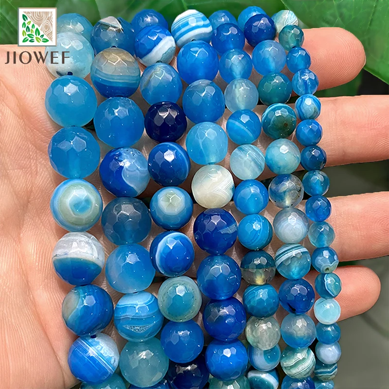 Smooth Natural Faceted Blue Striped Agates Onyx Round Beads 4/6/8/10/12mm DIY For Earrings Bracelet Jewelry Making Handmade 15''