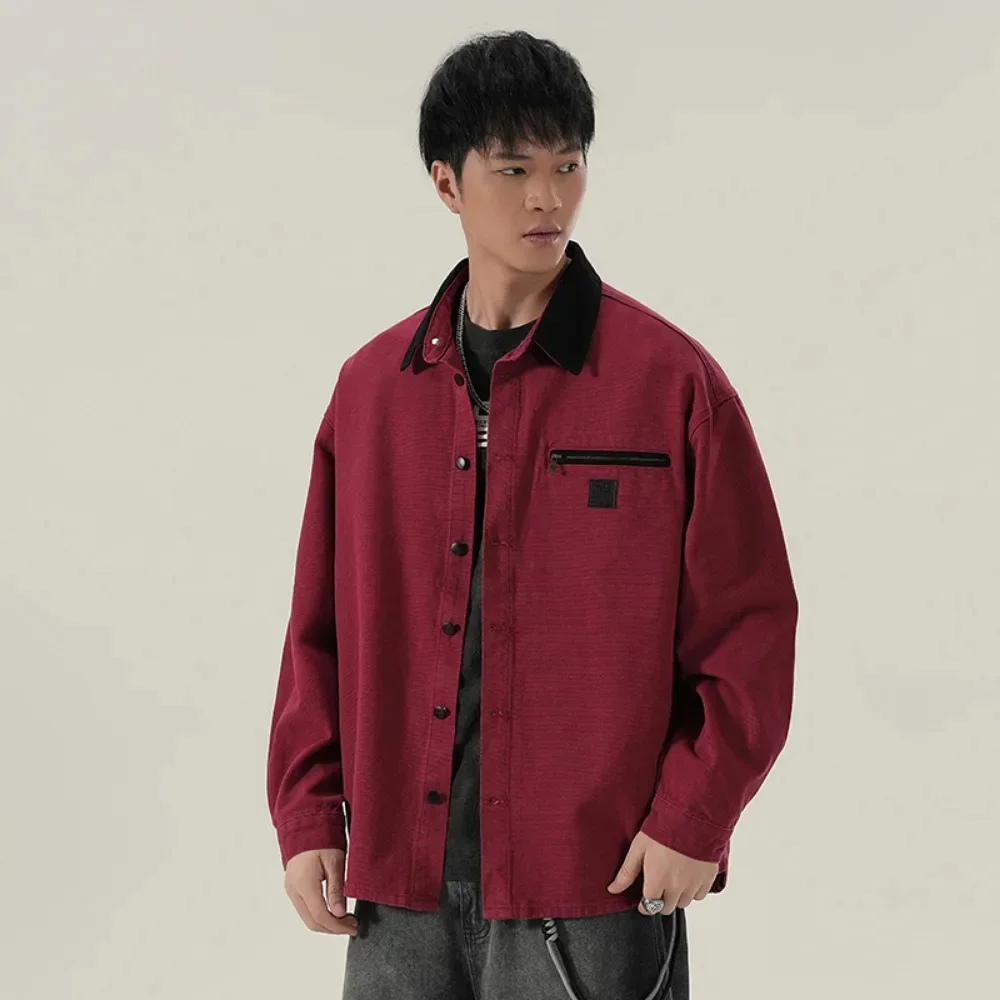 

Весенне-осенняя новая куртка-карго, мужская свободная контрастная куртка с лацканами, тяжелая повседневная куртка цвета хаки