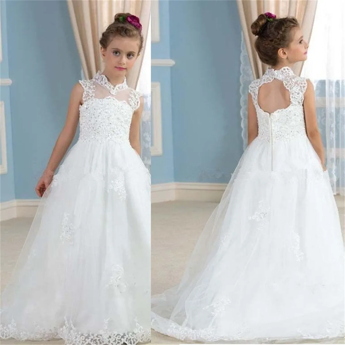 

White Flower Girl Dress For Wedding Lace Tulle Sleeveless Floor Length First Communion Princess Bridesmaid Party Prom Ball Gowns